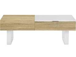 Salontafel Met Afneembaar Tafelblad En 1 Lade - Mdf En Staal - Naturel En Wit - Balun