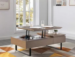 Salontafel Met Verstelbaar Blad En 1 Lade Van Mdf En Metaal - Donker Natuurlijk - Dalaho