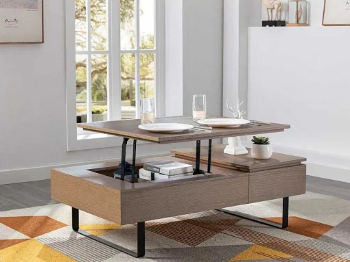 Salontafel Met Verstelbaar Blad En 1 Lade Van Mdf En Metaal - Donker Natuurlijk - Dalaho