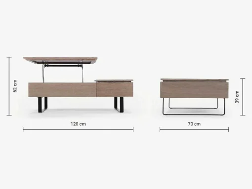 Salontafel Met Verstelbaar Blad En 1 Lade Van Mdf En Metaal - Donker Natuurlijk - Dalaho