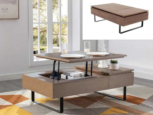Salontafel Met Verstelbaar Blad En 1 Lade Van Mdf En Metaal - Donker Natuurlijk - Dalaho
