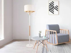 Scandinavische Staande Lamp Van Metaal, Linnen En Hevea - D44 X H164 Cm - Naturel En Wit - Addis