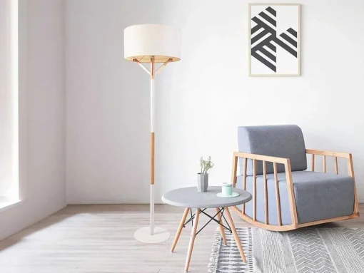 Scandinavische Staande Lamp Van Metaal, Linnen En Hevea - D44 X H164 Cm - Naturel En Wit - Addis