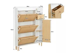 Schoenenkast In Hout En Rotan - 3 Klepdeuren En 1 Lade - Verstelbare Plank - Naturel & Wit