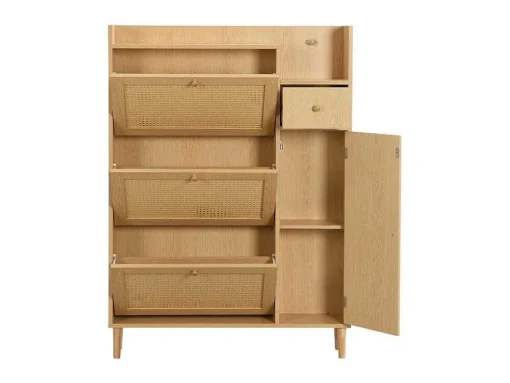 Schoenenkast In Hout En Rotan - 3 Klepdeuren En 1 Lade - Verstelbare Plank - Naturel