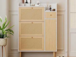 Schoenenkast In Hout En Rotan - 3 Klepdeuren En 1 Lade - Verstelbare Plank - Naturel & Wit