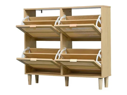 Schoenenkast In Hout En Rotan - 4 Klepdeuren - Naturel