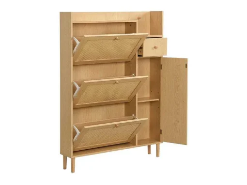 Schoenenkast In Hout En Rotan - 3 Klepdeuren En 1 Lade - Verstelbare Plank - Naturel