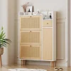 Schoenenkast Met 3 Klepdeuren En 1 Lade Afmeting 90L X 17B X 125H Cm Houtlook Rotan Rieteffect Kleur Wit + Eiken