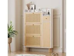 Schoenenkast Met 3 Klepdeuren En 1 Lade Afmeting 90L X 17B X 125H Cm Houtlook Rotan Rieteffect Kleur Wit + Eiken