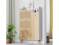 Schoenenkast Met 3 Klepdeuren En 1 Lade Afmeting 90L X 17B X 125H Cm Houtlook Rotan Rieteffect Kleur Wit + Eiken
