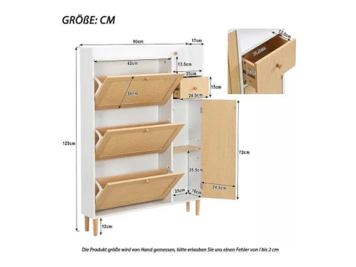 Schoenenkast Met 3 Klepdeuren En 1 Lade Afmeting 90L X 17B X 125H Cm Houtlook Rotan Rieteffect Kleur Wit + Eiken
