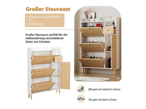 Schoenenkast Met 3 Klepdeuren En 1 Lade Afmeting 90L X 17B X 125H Cm Houtlook Rotan Rieteffect Kleur Wit + Eiken