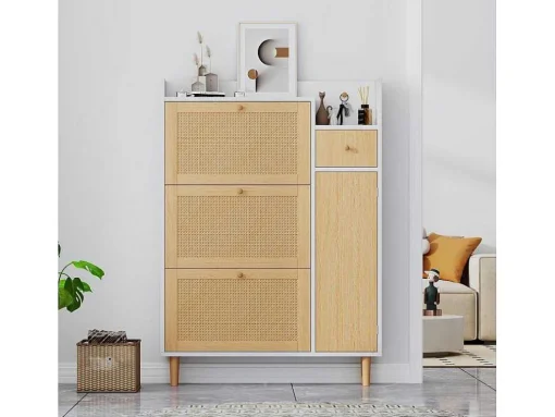 Schoenenkast Met 3 Klepdeuren En 1 Lade Afmeting 90L X 17B X 125H Cm Houtlook Rotan Rieteffect Kleur Wit + Eiken