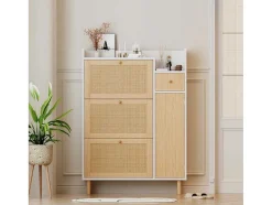 Schoenenkast Met 3 Klepdeuren En 1 Lade Afmeting 90L X 17B X 125H Cm Houtlook Rotan Rieteffect Kleur Wit + Eiken