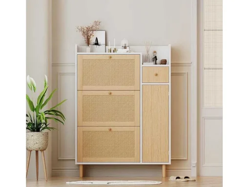 Schoenenkast Met 3 Klepdeuren En 1 Lade Afmeting 90L X 17B X 125H Cm Houtlook Rotan Rieteffect Kleur Wit + Eiken