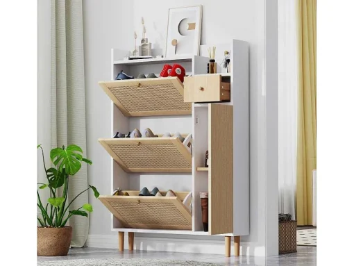 Schoenenkast Met 3 Klepdeuren En 1 Lade Afmeting 90L X 17B X 125H Cm Houtlook Rotan Rieteffect Kleur Wit + Eiken
