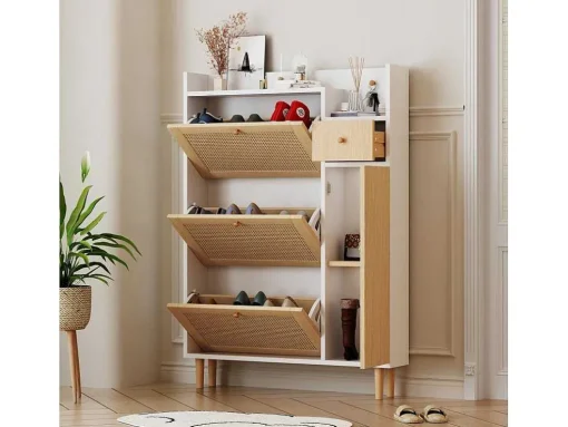 Schoenenkast Met 3 Klepdeuren En 1 Lade Afmeting 90L X 17B X 125H Cm Houtlook Rotan Rieteffect Kleur Wit + Eiken