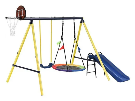 Schommel Met Glijbaan Voor Kinderen - Metalen Frame - Buitenspeeltuin Voor Kinderen Van 3 Tot 8 Jaar - Geel
