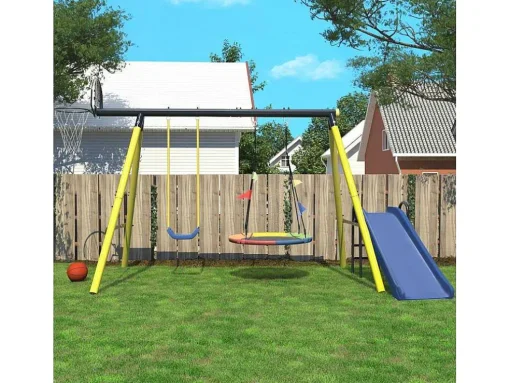 Schommel Met Glijbaan Voor Kinderen - Metalen Frame - Buitenspeeltuin Voor Kinderen Van 3 Tot 8 Jaar - Geel