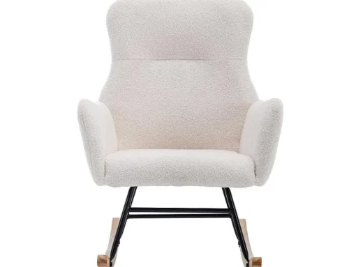 Schommelstoel - Relaxstoel Voor In De Woonkamer - Opgevuld Met Teddypluche - Vakjes Aan De Zijkant Van De Armleuningen - Houten Onderstel - Wit