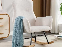 Schommelstoel - Relaxstoel Voor In De Woonkamer - Opgevuld Met Teddypluche - Vakjes Aan De Zijkant Van De Armleuningen - Houten Onderstel - Wit