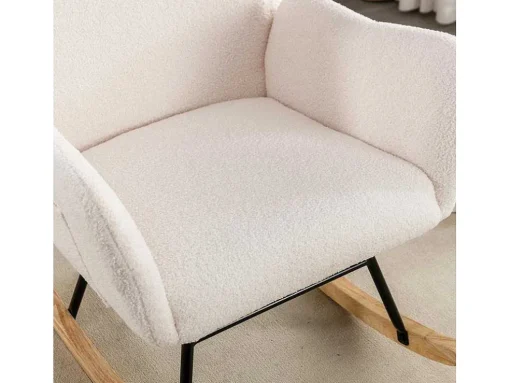 Schommelstoel - Relaxstoel Voor In De Woonkamer - Opgevuld Met Teddypluche - Vakjes Aan De Zijkant Van De Armleuningen - Houten Onderstel - Wit