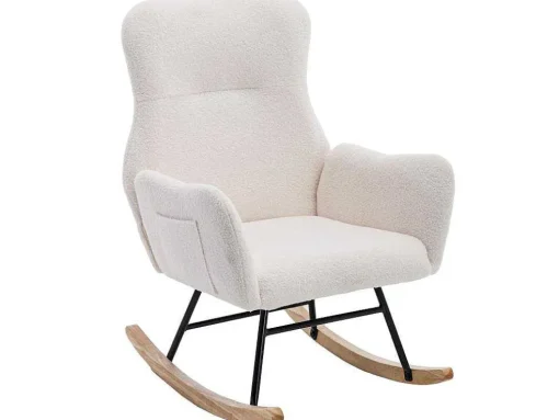 Schommelstoel - Relaxstoel Voor In De Woonkamer - Opgevuld Met Teddypluche - Vakjes Aan De Zijkant Van De Armleuningen - Houten Onderstel - Wit