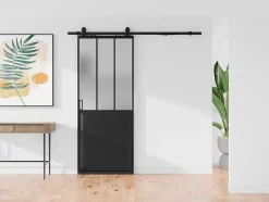 Schuifdeur Werkplaatsstijl Met Rails - Zwart En Mat Gehard Glas - H205 Cm X L73 Cm - Artisto Ii