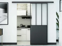 Schuifdeur Werkplaatsstijl - Zwart En Mat Gehard Glas - H205 X B73 Cm - Artisto