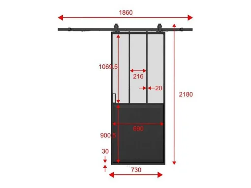Schuifdeur Werkplaatsstijl Met Rails - Zwart En Mat Gehard Glas - H205 Cm X L73 Cm - Artisto Ii