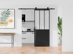 Schuifdeur Werkplaatsstijl Met Rails - Zwart En Mat Gehard Glas - H205 Cm X L73 Cm - Artisto Ii