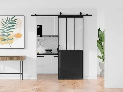 Schuifdeur Werkplaatsstijl Met Rails - Zwart En Mat Gehard Glas - H205 Cm X L73 Cm - Artisto Ii