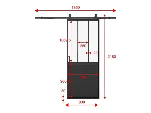 Schuifdeur Werkplaatsstijl Met Rails - Zwart En Mat Gehard Glas - H205 Cm X B83 Cm - Artisto Ii