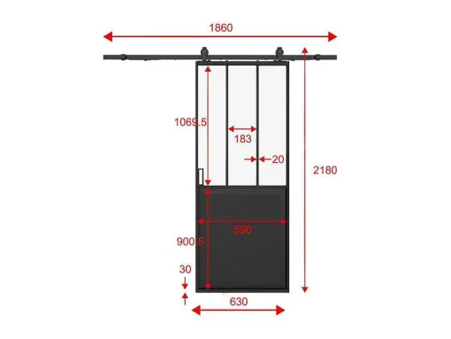 Schuifdeur Werkplaatsstijl Met Rails - Zwart En Mat Gehard Glas - H205 Cm X L63 Cm - Artisto Ii