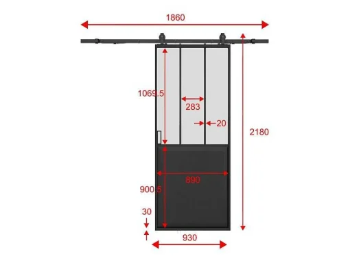 Schuifdeur Werkplaatsstijl Met Rails - Zwart En Mat Gehard Glas - H205 Cm X L93 Cm - Artisto Ii