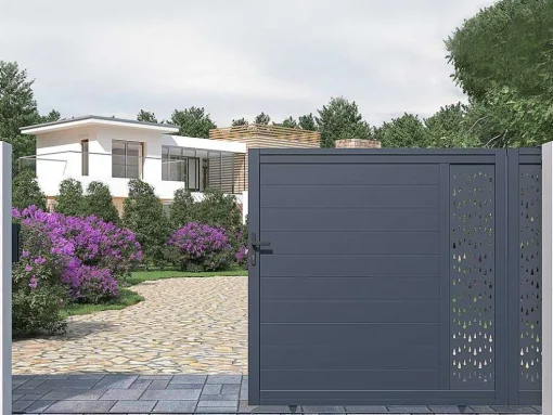 Schuifpoort Van Aluminium Met Motieven - Halfopengewerkt - L. 374 X H. 180 Cm - Antraciet - Gregor