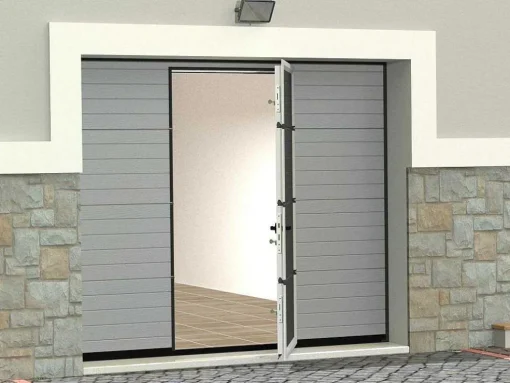 Sectionale Garagedeur Met Gegroefd Effect En Centrale Grijze Loopdeur Met Motor - Noria