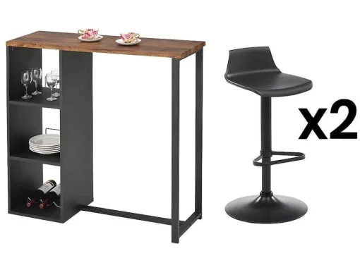Set "Bar": Barmeubel Morena + 2 Barkrukken Calas - Zwart En Notenhout-Effect