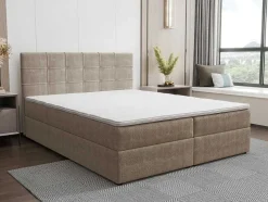 Set Bed Met Hoofdbord Met Capitons + Bedbodem Met Opbergruimte + Matras + Dekmatra - 160 X 200 Cm - Stof - Taupegrijs - Kida Van Ysmee