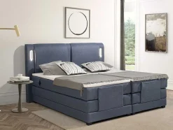 Set Boxspring + Hoofdbord Met Ledlampjes + Elektrische Relaxbedbodems + Matras + Topmatras - 2 X 90 X 200 Cm - Blauwe Stof - Astemi Van Palacio