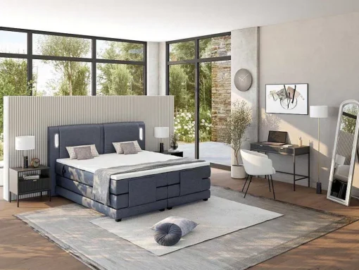 Set Boxspring + Hoofdbord Met Ledlampjes + Elektrische Relaxbedbodems + Matras + Topmatras - 2 X 90 X 200 Cm - Blauwe Stof - Astemi Van Palacio