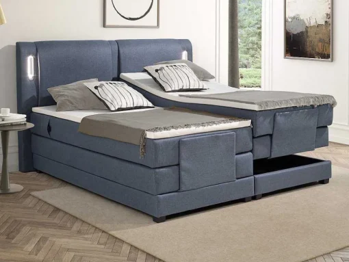 Set Boxspring + Hoofdbord Met Ledlampjes + Elektrische Relaxbedbodems + Matras + Topmatras - 2 X 90 X 200 Cm - Blauwe Stof - Astemi Van Palacio