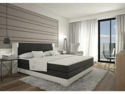 Set Boxspring En Matras Met Hoofdeinde Met Leds + Lattenbodem + Matras + Dekmatras Asti Van Ysmee - 160 X 200 Cm - Kunstleer - Wit En Grijs