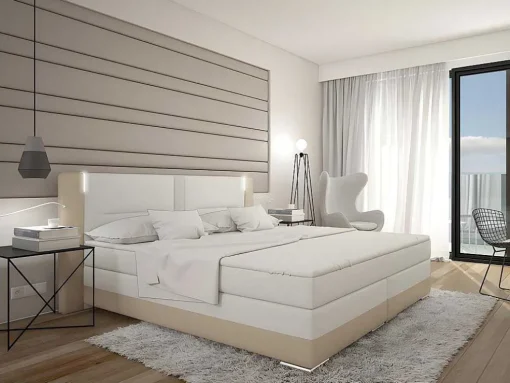 Set Boxspring En Matras Met Hoofdeinde Met Leds + Lattenbodem + Matras + Dekmatras Asti Van Ysmee - 160 X 200 Cm - Kunstleer - Creme Wit