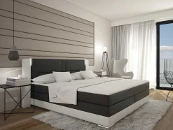 Set Boxspring Hoofdbord Met Led-Verlichting + Bedbodems + Matras + Topmatras Asti Van Ysmee - 180 X 200 Cm - Kunstleer - Wit En Grijs