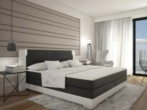 Set Boxspring Hoofdbord Met Led-Verlichting + Bedbodems + Matras + Topmatras Asti Van Ysmee - 180 X 200 Cm - Kunstleer - Wit En Grijs