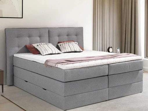 Set Boxspring Met Hoofdbord + Bedbodems Met Opbergruimte + Matras + Dekmatras - 180 X 200 Cm - Lichtgrijze Stof - Perama Van Palacio