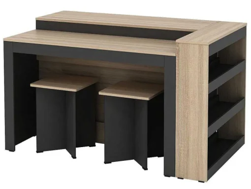 Set Keukeneiland + 2 Krukken - Zwart En Licht Naturel - Nusice