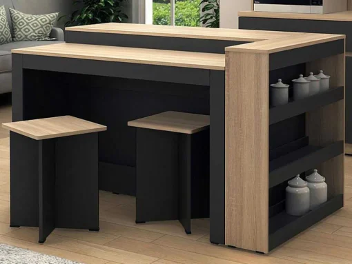 Set Keukeneiland + 2 Krukken - Zwart En Licht Naturel - Nusice